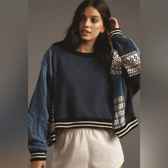 ✨ Anthropologie Mixed Media Pullover Sweatshirt Sz SP - Picture 1 of 7